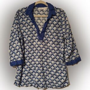 Sigrid Olsen Sz Large Blue and White 100 % Linen Patterned Tunic Blouse
